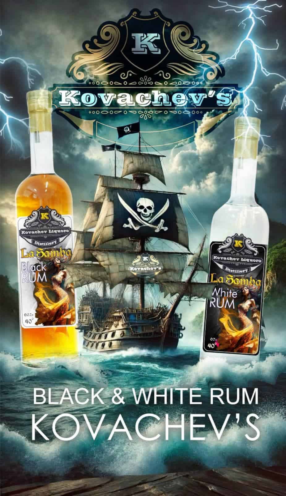 Black and white rum bottles with pirate ship and stormy sea background for Kovachev's Liquors.