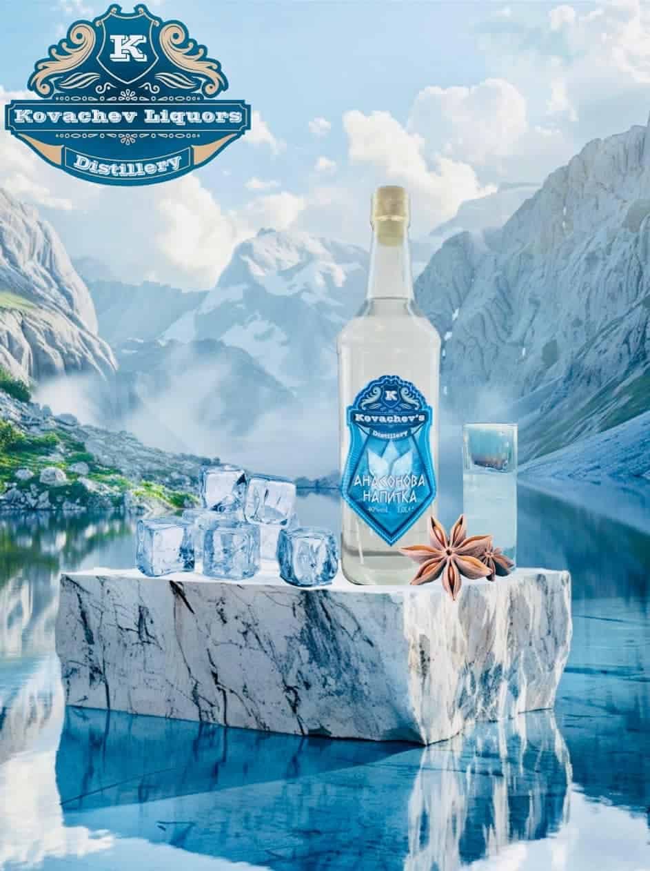 Pure vodka with mountain spring water, ice cubes, and star anise, reflecting a scenic mountain landscape.