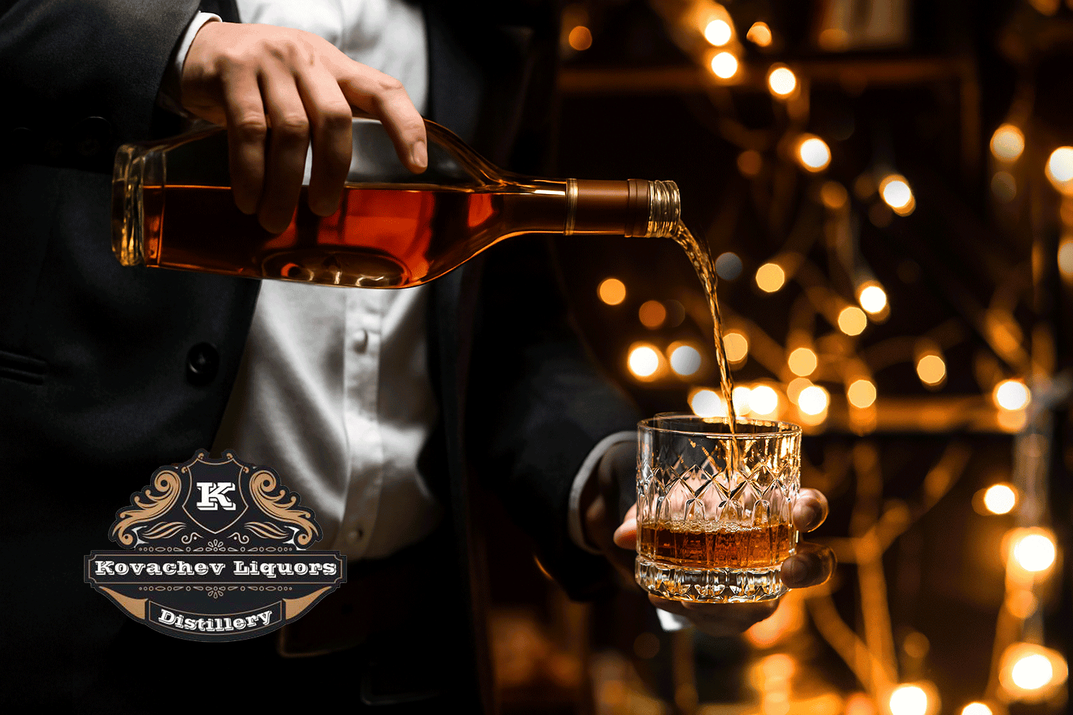Rich amber whiskey being poured into a glass at Kovachev Liquors distillery, showcasing premium spirits and elegant presentation.