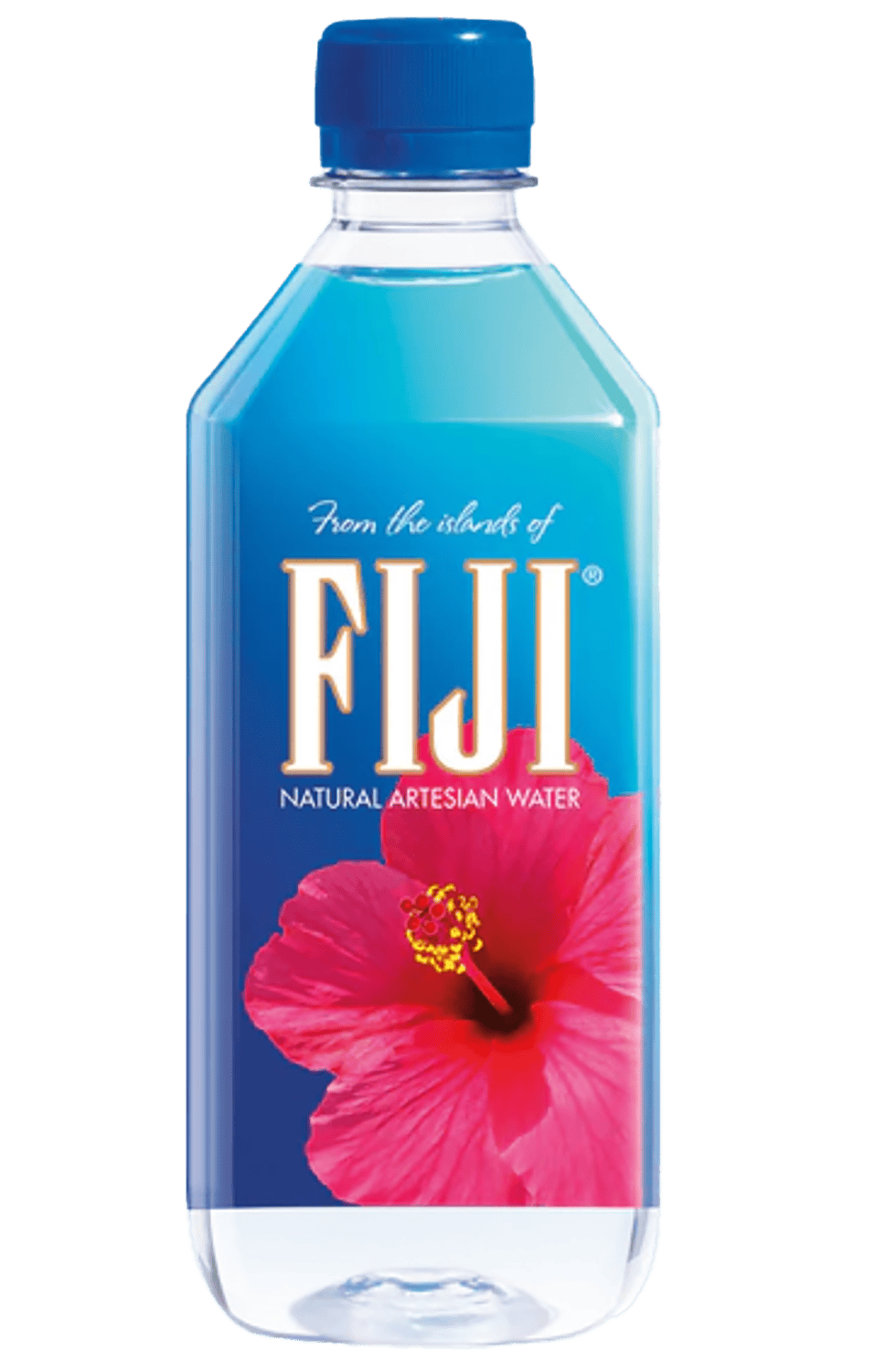 Refreshing Fiji Artesian Water in a clear plastic bottle with a blue cap.