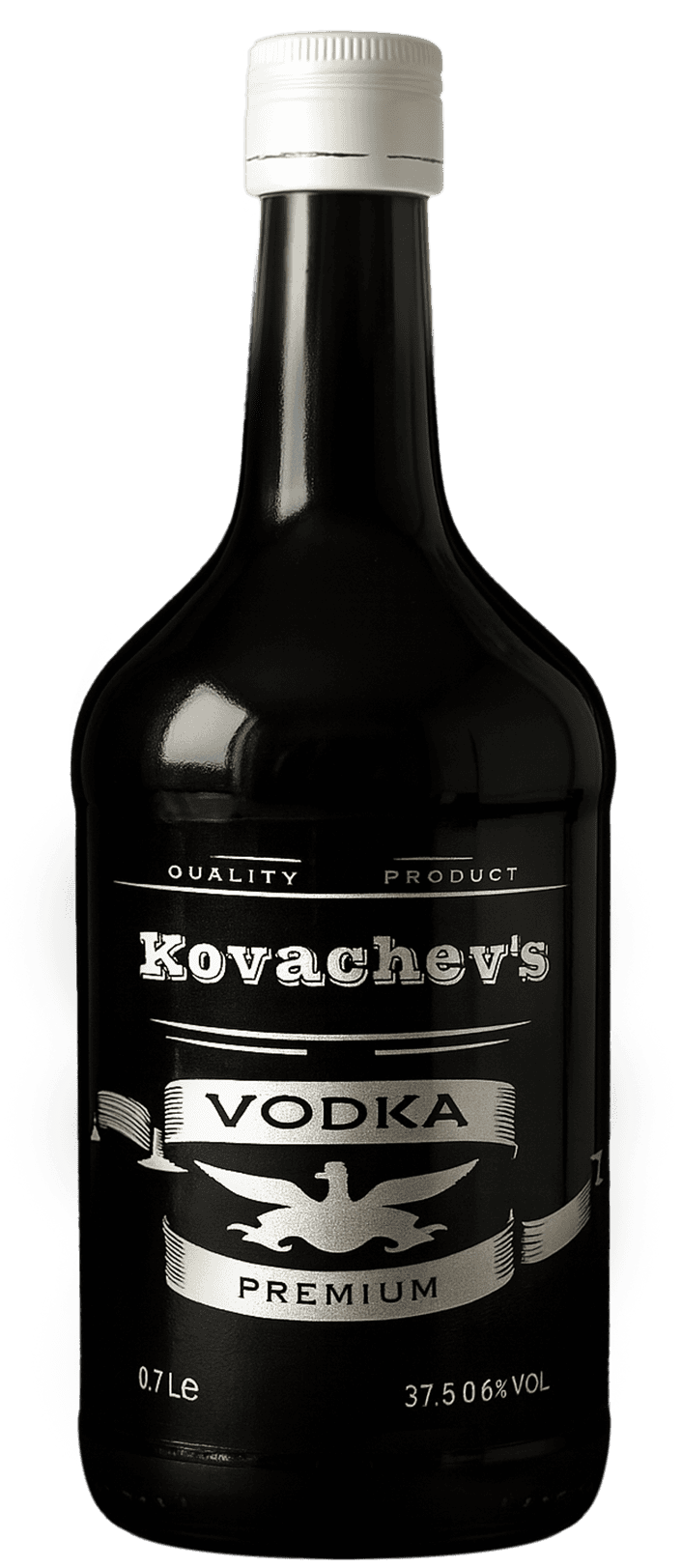 Black vodka bottle with Kovachev's branding and premium label, 0.7L.