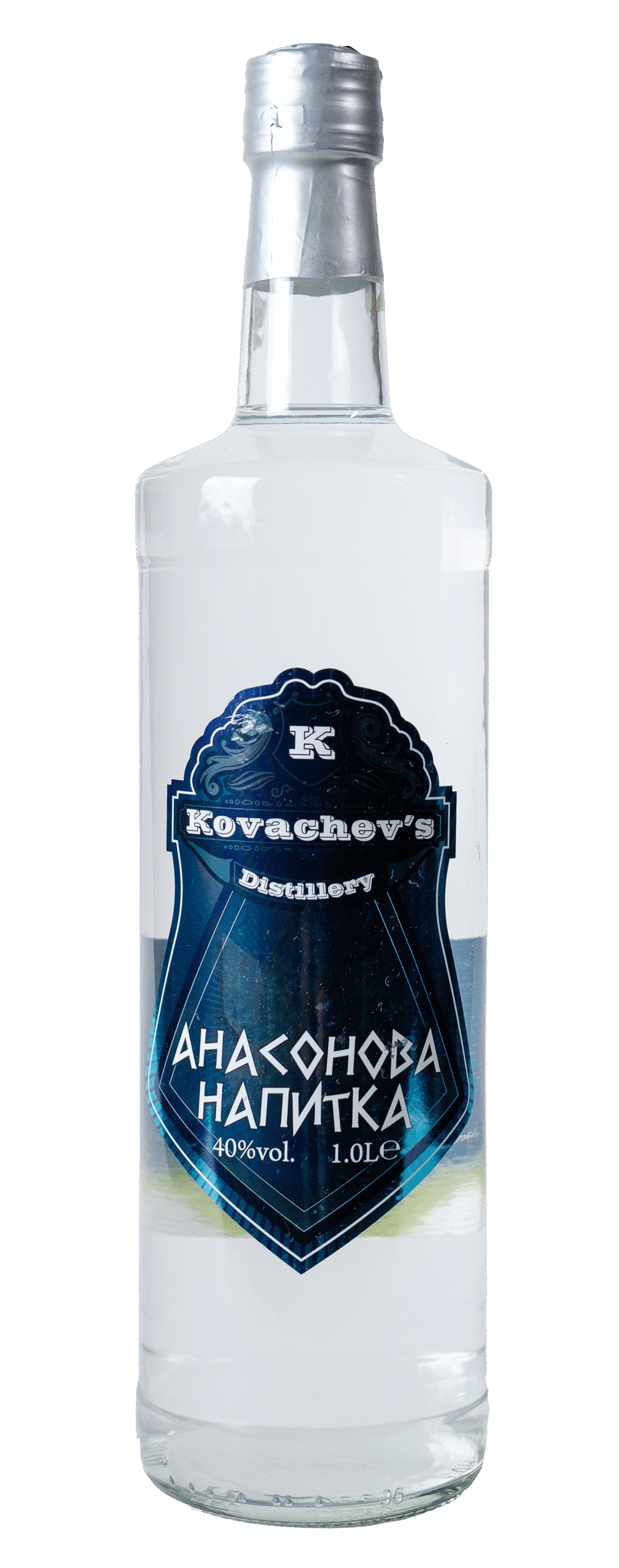 Clear vodka bottle with blue label from Kovachev's Distillery, 40% alcohol, 1 liter.