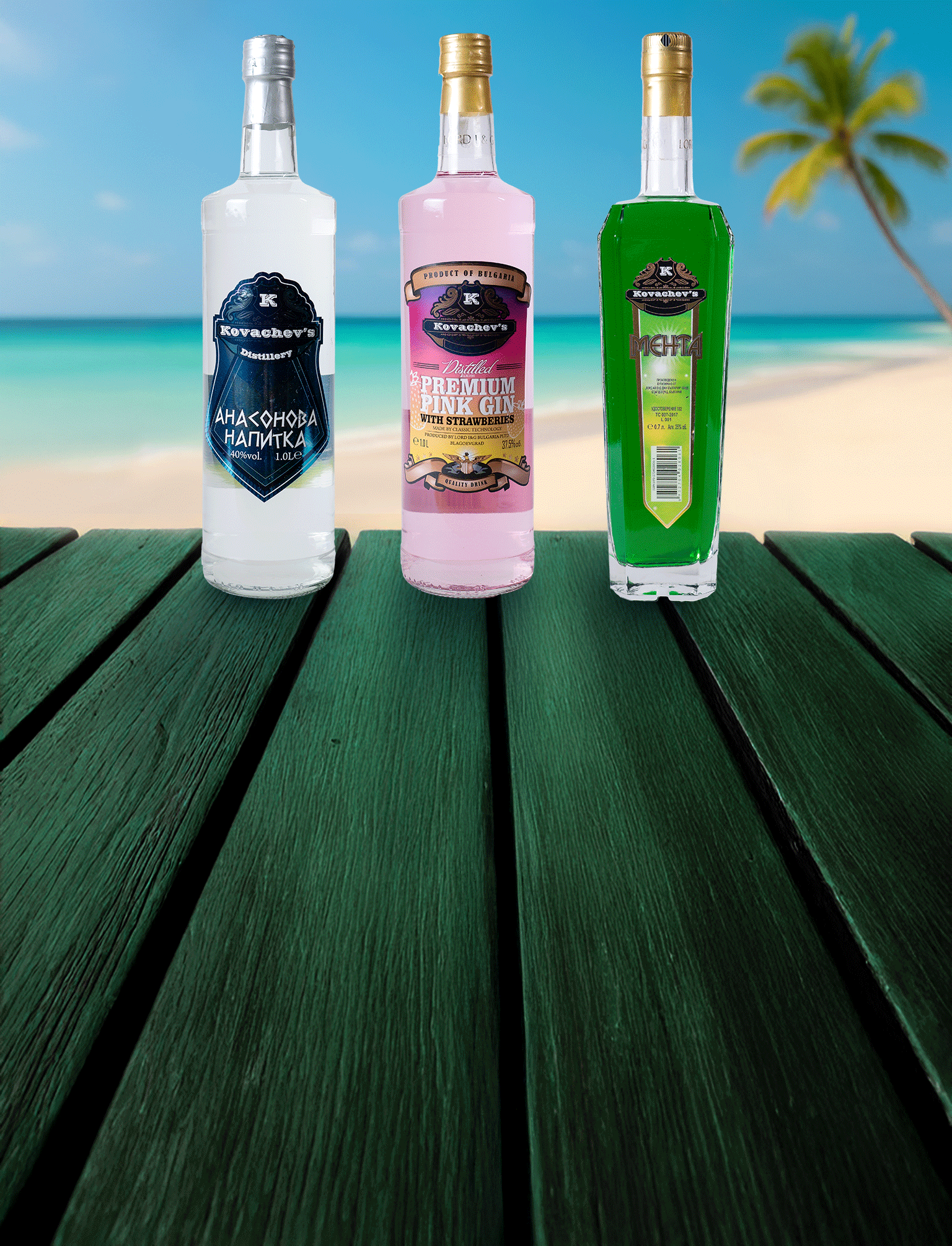 Vodka, gin, and herbal liquor bottles on a seaside dock, colorful and vibrant spirits for cocktails and drinks.