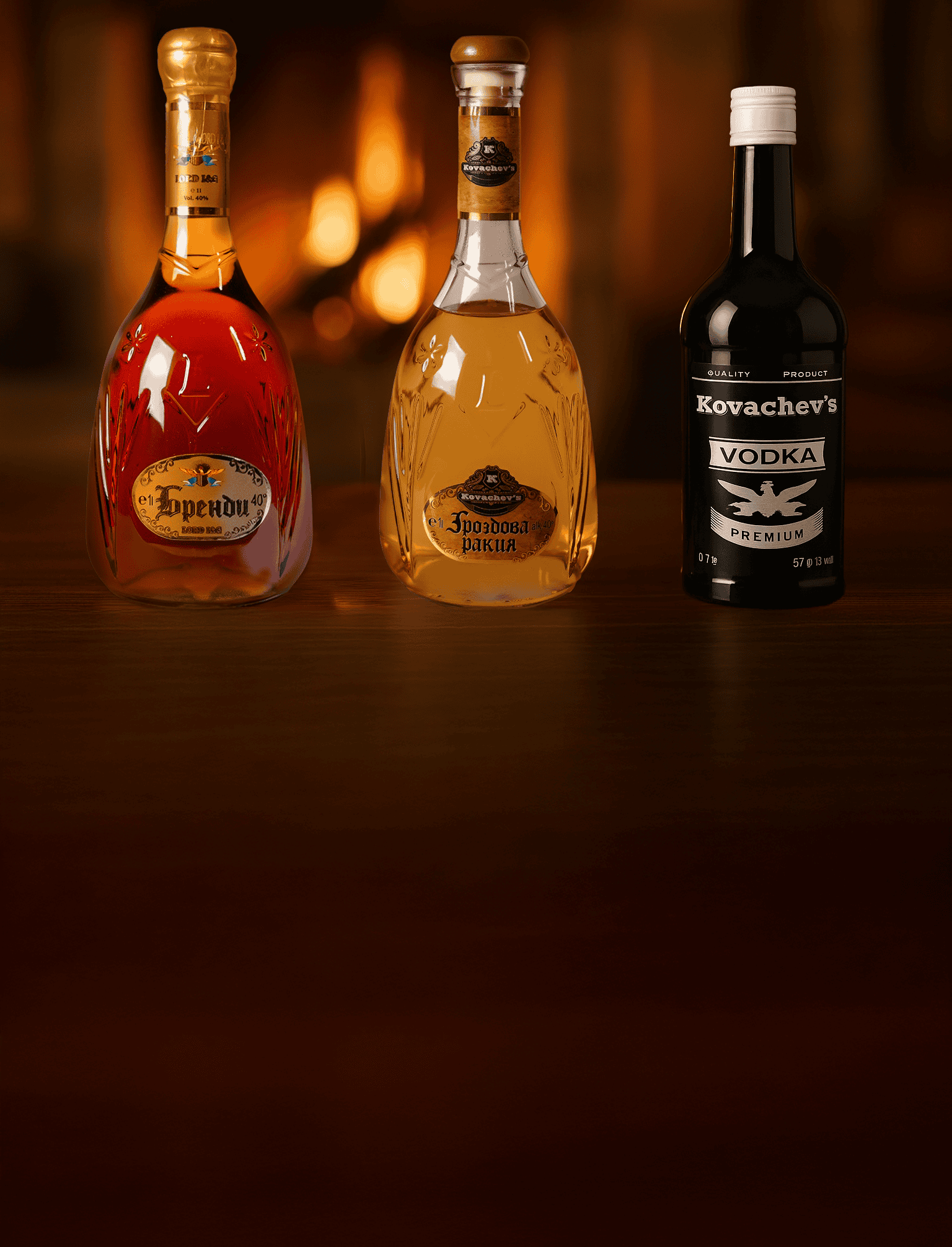Amber liquor bottles on a wooden surface with warm background lighting.