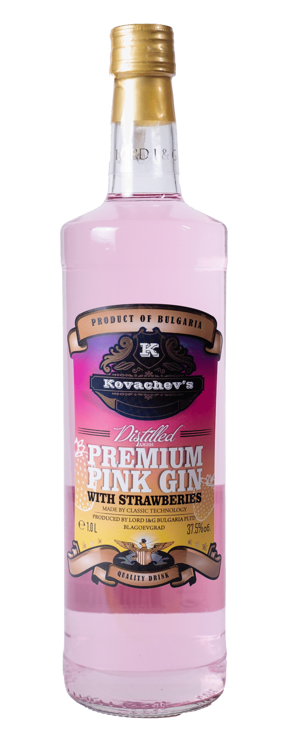 Pink gin with strawberries, 1L bottle, premium quality, Bulgarian distillery, Kovachev's liquors.