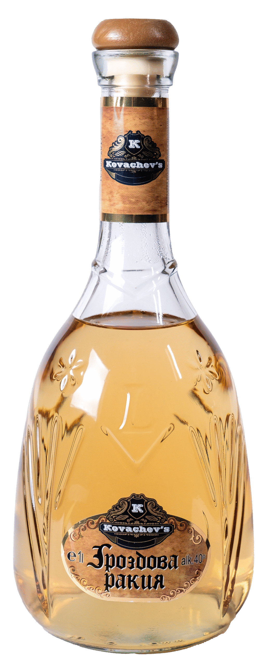 Golden herbal infusion spirit in a decorative glass bottle with Kozachev's label.